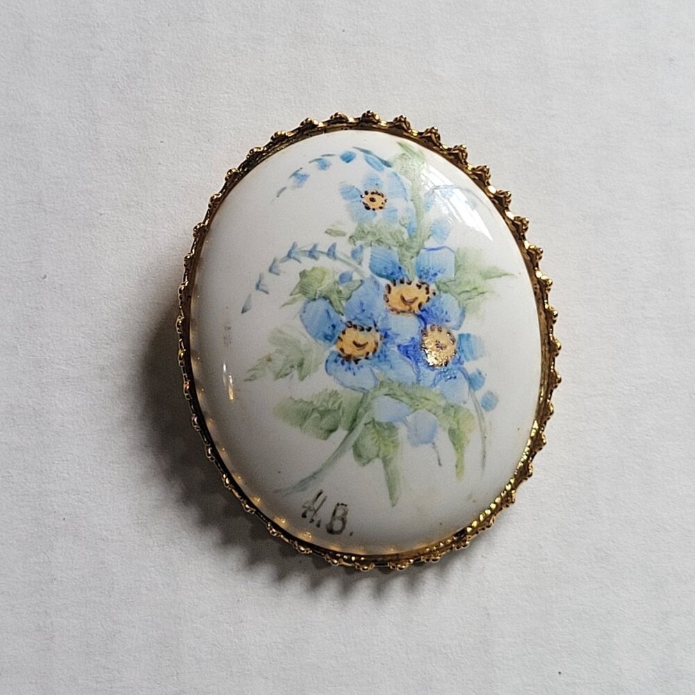 Vintage Hand Painted Floral Brooch Signed HB White Blue Gold Frame Filigree